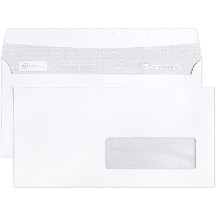 Enveloppes Blanches Clairefontaine DL - Lot De 50 Avec Fenêtre Cristal 45x100mm