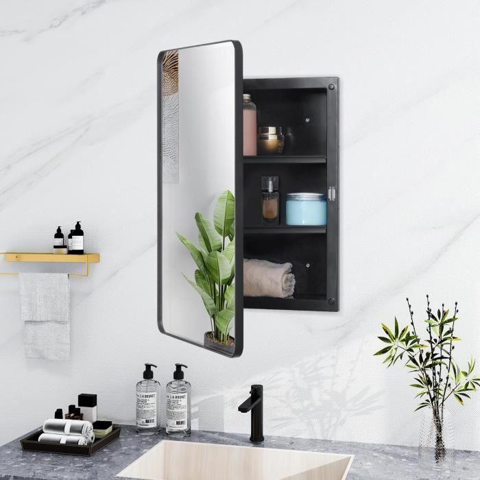 Armoire à pharmacie en plastique noir, porte miroir à bords biseautés avec cadre en métal à