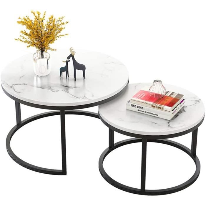table basse gigogne tables accueil table d appoint contemporaine en metal noir avec effet marbre plateau en mdf blanc 714 cdiscount maison