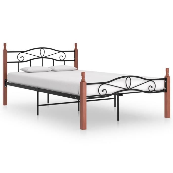 cadre de lit noir métal et bois de chêne massif 120x200 cm - pop - market - haut de gamme