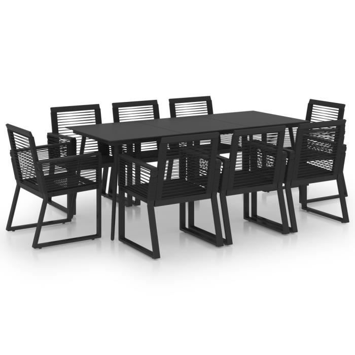 Ensemble Table à manger de 8 à 10 personnes + 8 chaises - Rotin PVC Noir