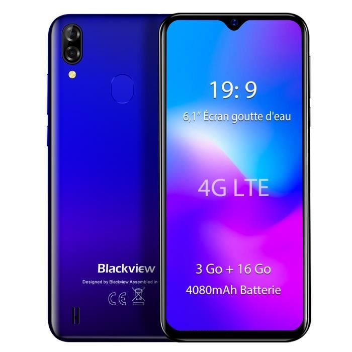 Top achat T&eacute;l&eacute;phone portable Blackview A60 Pro Smartphone 4G 6.1'' Écran 3Go Ram 16Go Rom Android 9.0 Téléphone portable Débloqué - Bleu pas cher
