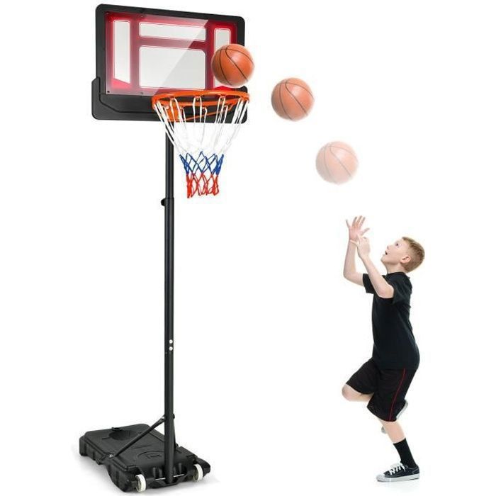 Panier de Basketball sur Pieds à Roulettes COSTWAY-Hauteur Réglable 90-210 CM-Poteau Panneau en PE-Rempli dEau Sable-3 Ans+-Rouge