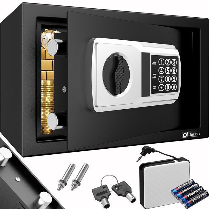 DEUBA® Coffre-fort en acier avec serrure électronique noir 2 clés de secours coffre-fort mural 31 x 20 x 20 cm bijoux