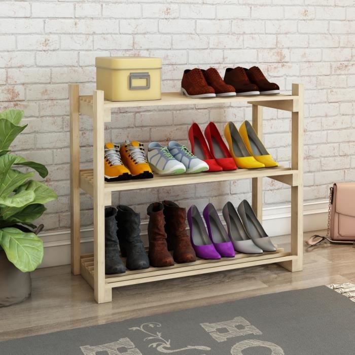 meuble à chaussures them à 3 niveaux pin 60 x 68 x 30 cm naturel