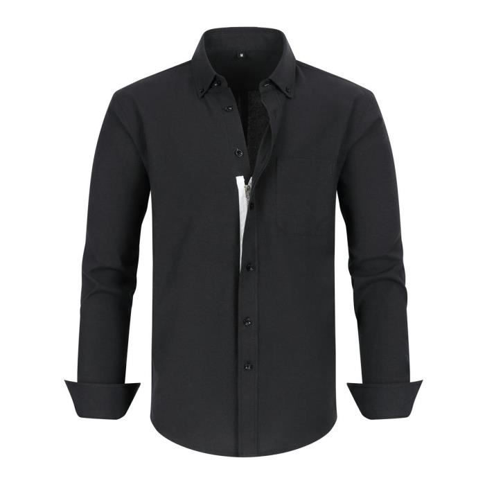 Chemise Oxford Homme Avec Zippe Manches Longues Chemise Regular Fit Business Couleur Unie Avec Poche Taille EU Noir