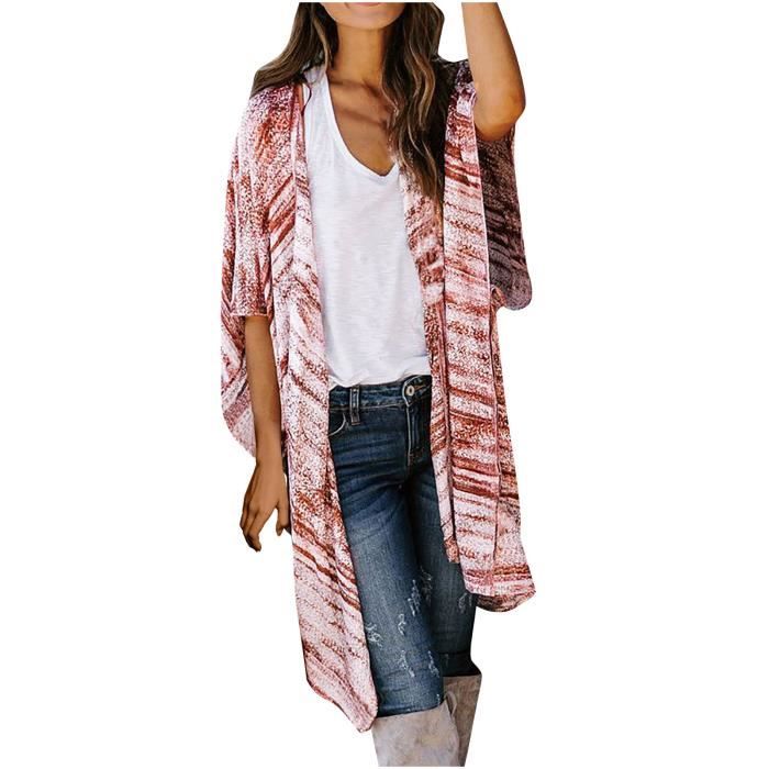 Générique Été Femmes Imprimé Fleuri Manches Bouffantes En Mousseline De Soie Kimono Cardigan Lâche Couvrir Haut Chemisier Décontracté Hauts Cardigans Femme Lége Manteau Kimono