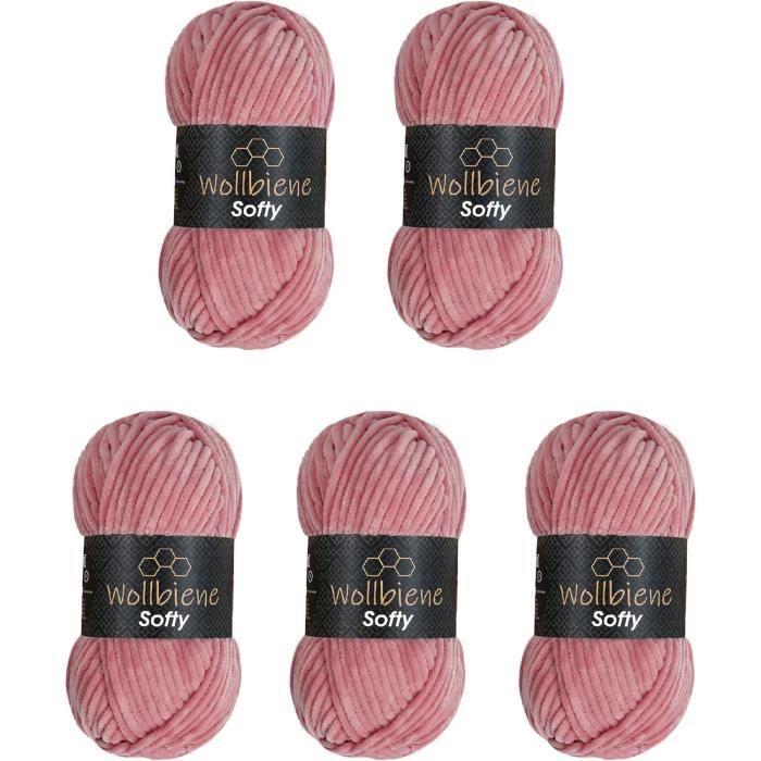 Laine à Tricoter Chenille Wollbiene Softy Color - Lot 5 Pelotes 100g - Super Bulky Pour Bébé - Blanc/Beige