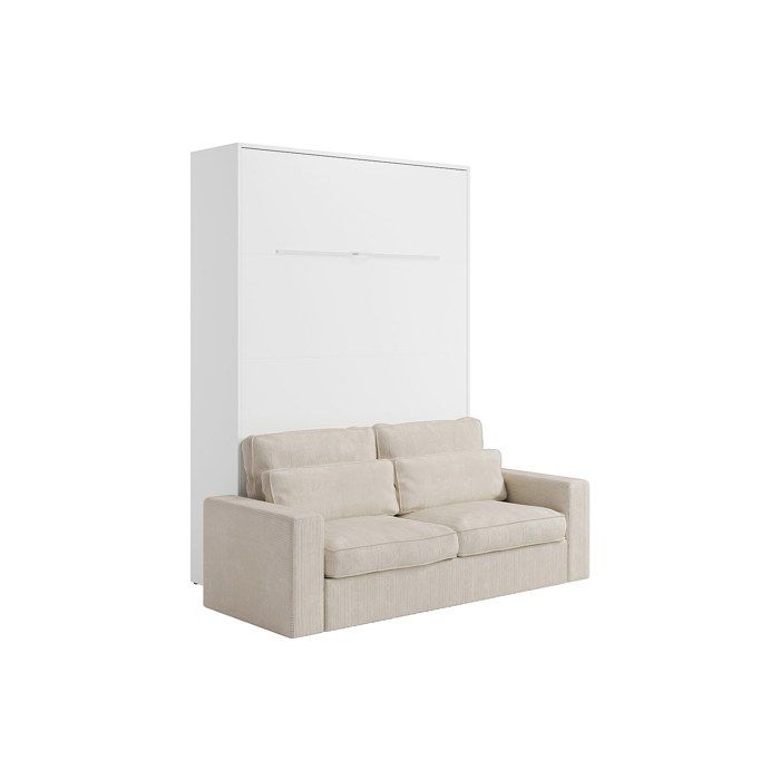 Lit escamotable 160 x 200 cm - Ouverture verticale manuelle - Avec LEDs - Blanc + Canapé en velours côtelé beige - RAPILI