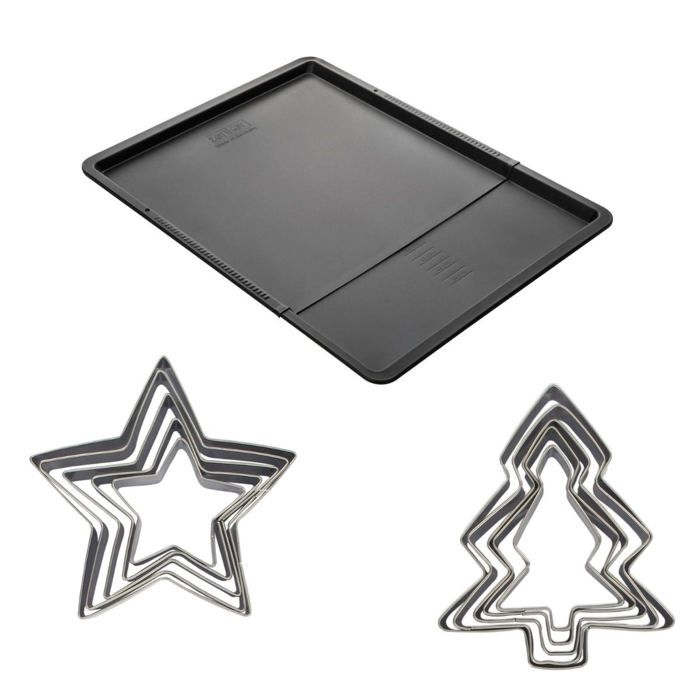Ensemble avec plaque à pâtisserie extensible et 10 emporte-pièces -