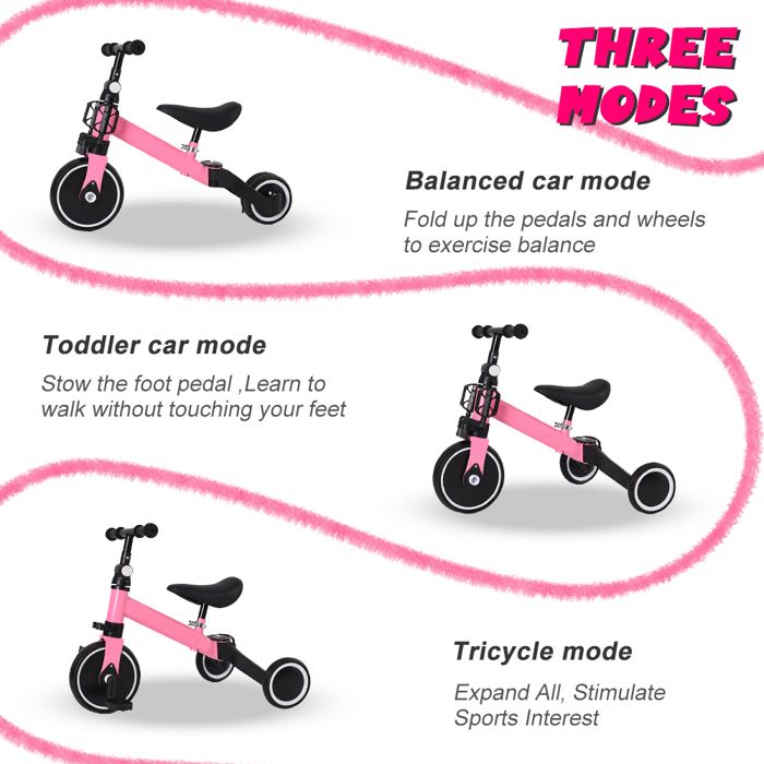 Billy Vélo 4-en-1 Pour Enfants Avec Barre De Poussée – Rose, Léger, Évolutif Pour Apprendre à Pedaler En Toute Sécurité