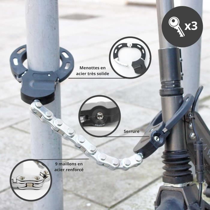 Antivol Menotte 90cm Pour Trottinette électrique - Verrouillage Automatique, Clés Fournies, Sac étanche