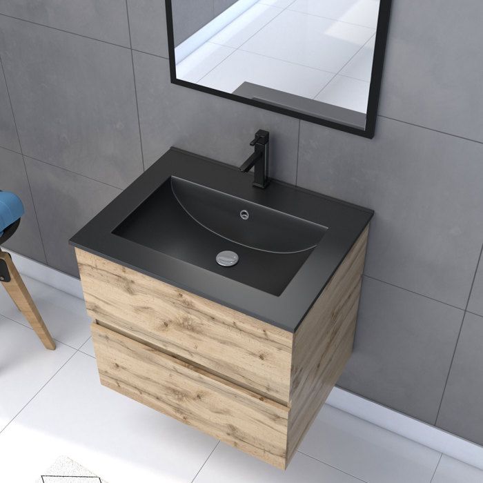 AURLANE Mobile Bagno 60 Cm Con 2 Ante, Lavabo Nero E Specchio – Finitura Rovere Naturale – Kit Timber 60_Pack01
