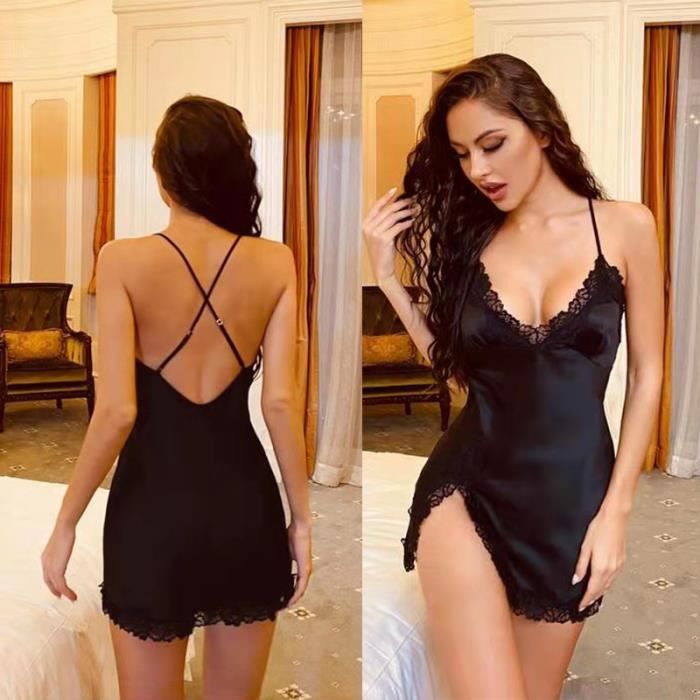 Chemise de Nuit Satin Bretelles Reglables Nuisette Dentelle Sexy V