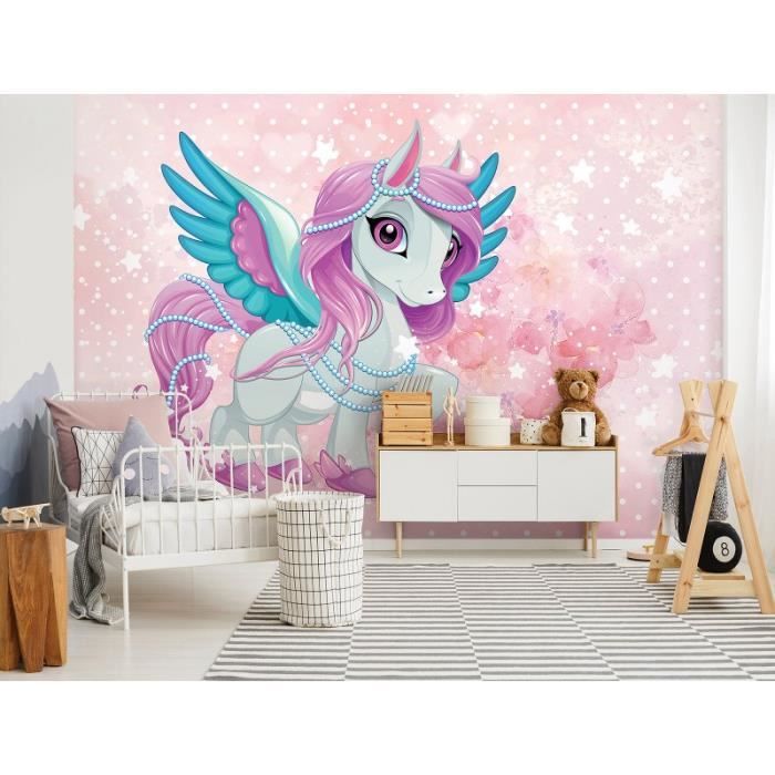 Murale Licornes Et Château Pulaton – Papier Peint Fantaisie Autocollant Pour Chambre