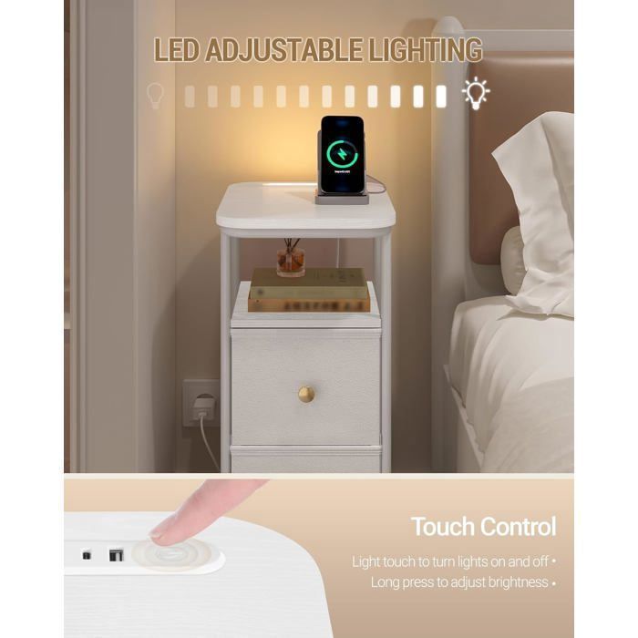 Table De Chevet Murale LED Avec Prises USB - 3 Tiroirs, Lumière Bluetooth - Gain De Place 30x25cm