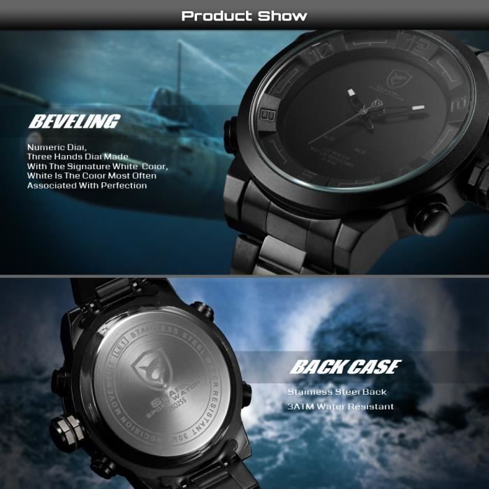 SHARK Gulper Montre a Quartz Affichage Numerique et Analogique Cadran Noir Bracelet Noir en Acier Inoxydable SH364 Cdiscount Bijouterie