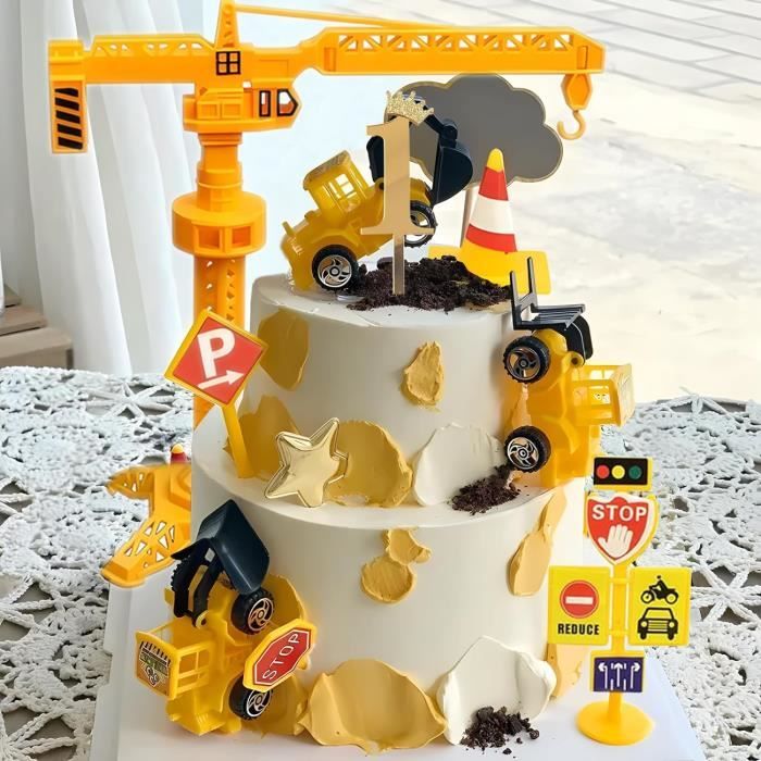 Décoration Gâteau Pelleteuse Enfant - Kit 5 Véhicules + 14 Panneaux, Jouet Chantier Pour Anniversaire Garçon - 6