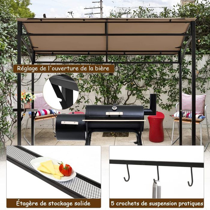 Tonnelle De Jardin Avec Auvent Latéral – 318x153x250 Cm – Double Toit, 2 étagères, Crochets – Pour Barbecue, Terrasse, Piscine