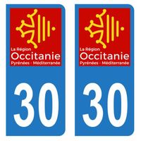 Lot 2 Autocollants Stickers plaque immatriculation voiture auto département 30 Gard Logo Région Occitanie