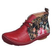 Rétro femmes en cuir plat à lacets imprimé fleur bottes courtes chaussures à bout rond