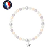 PERLINEA - Bracelet My Star - Véritable Perle de Culture d'Eau Douce Ronde 5-6 mm Multicolore - Câble Elastiqué - Bijoux Femme