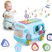Jouet Musical Bébé,Jouet Bébé Bus avec Cube et Xylophone,Jouet Interactifs pour Enfant,Cadeau de bébé 1 ans(Bleu)
