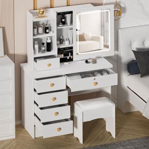 Coiffeuse Avec Miroir LED Réglable - 5 Tiroirs, 4 étagères, MDF, 3 Températures De Couleur, Facile à Monter