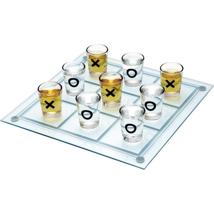 Boîte de jeu plateau de Morpion à shooters 9 verres à shot * Dimensions plateau : 13 x 13 cm * Matière : verre * Nombre de verres...
