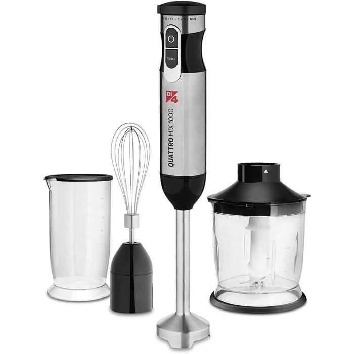 Di4 Mixeur Plongeant 4 en 1,1000 W, 20 Vitesses, Fonction Turbo, Lames Quattromix, Ergonomique, Design Anti-Éclaboussures, Verre Dos