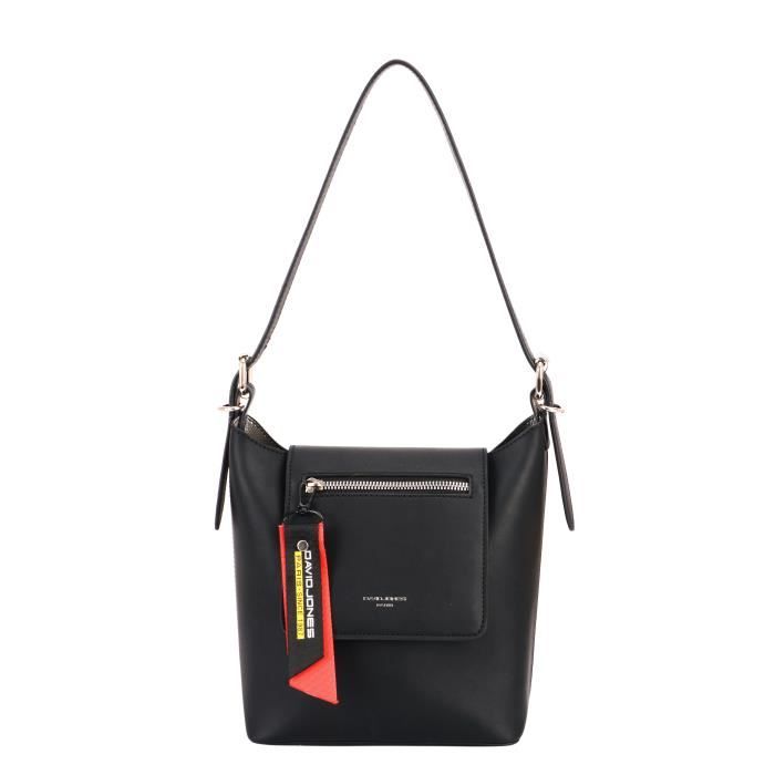 Sac porté épaule avec rabat en simili cuir lisse - David Jones - Couleur:Noir