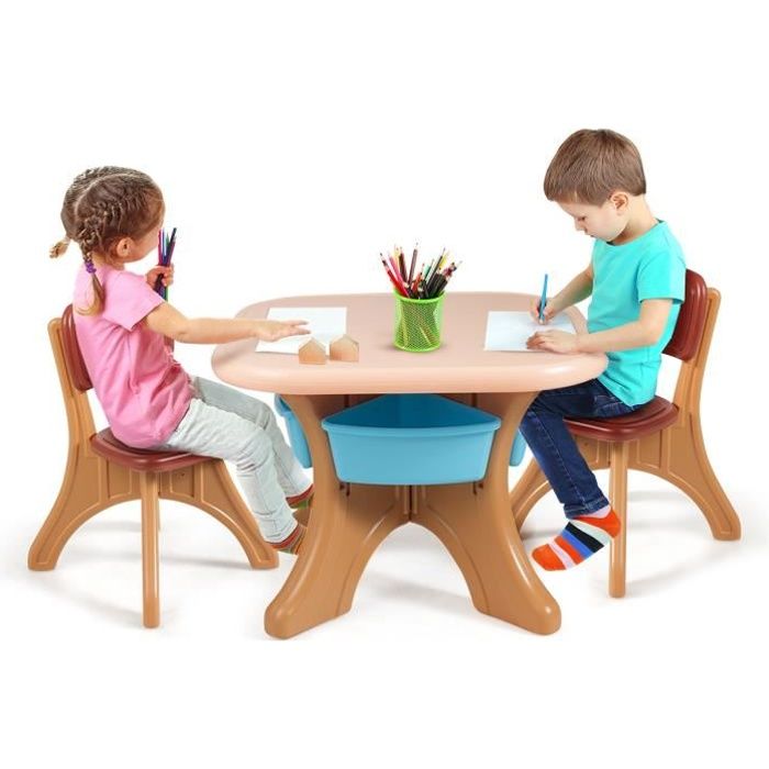 DREAMADE Ensemble de Table et Chaises d'Activités pour Enfant, Table et Chaises pour Enfant avec 4 Paniers de Rangement, Marron