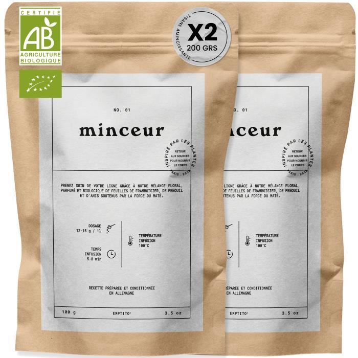 Lot Tisane Minceur Puissant rapide au Mate Bio | Thé Diurétique Naturel Purifiant Draineur Élimine Toxines | 8 plantes 2x100g Bio