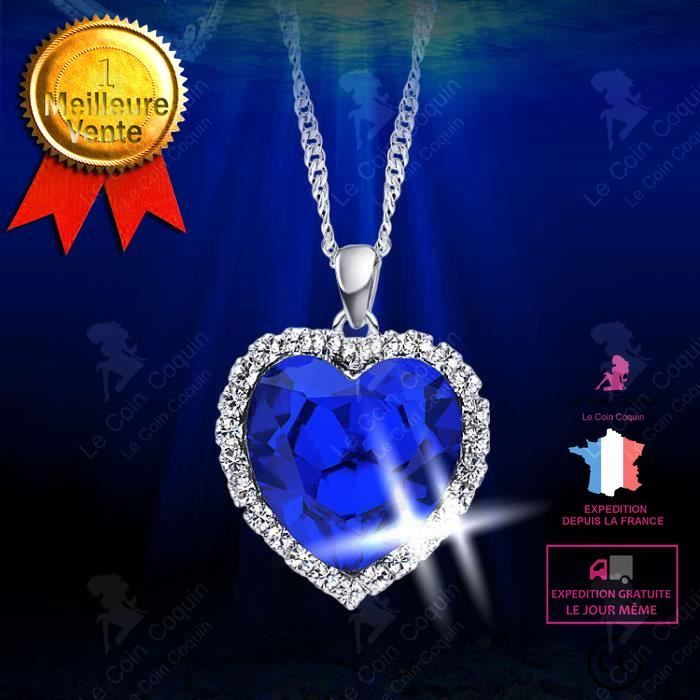 LCC® Romantique Titanic océan Colliers Pendentif coeur pour femmes Blue Crystal strass Choker en argent 925