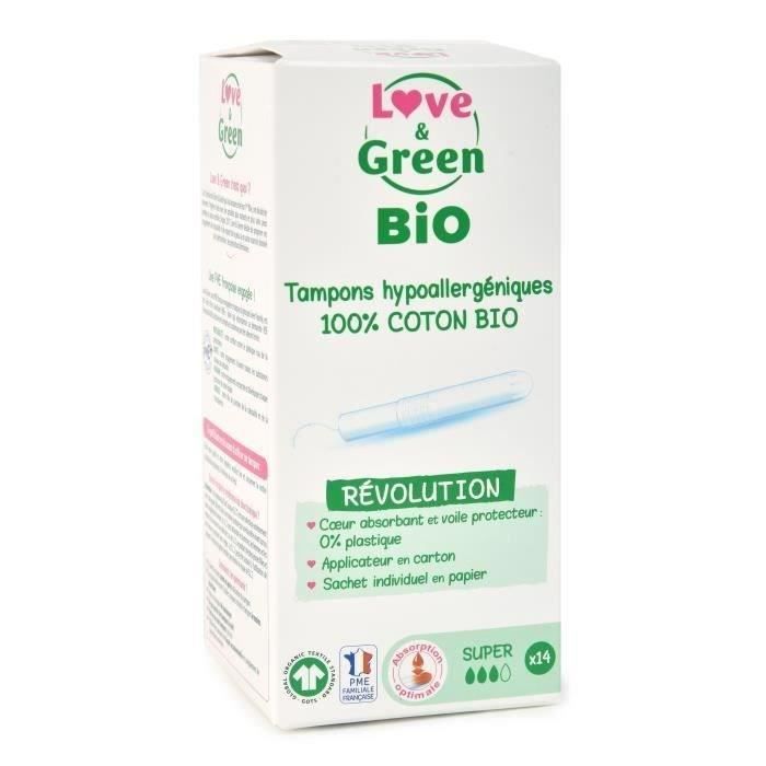 LOVE & GREEN Tampons hypoallergéniques - 100% coton BIO certifiés GOTS - -SUPER-avec Applicateur - 14 tampons