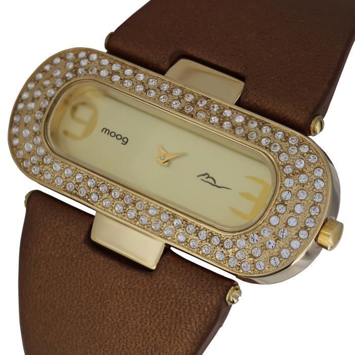 Montre Femme Moog Paris Glam avec Cadran Doré, Eléments Swarovski, Bracelet Marron en Cuir Véritable - M44088-011