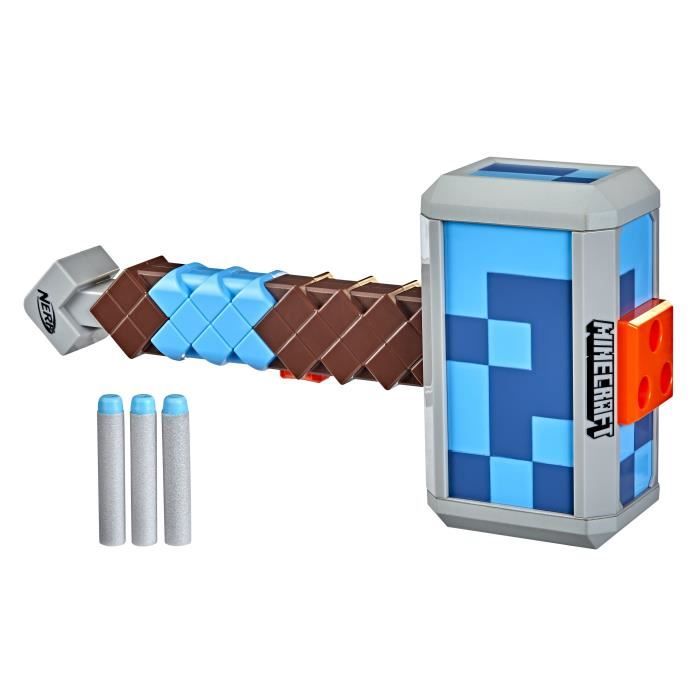Nerf Minecraft, marteau lance-fléchettes Stormlander, tire 3 fléchettes, inclut 3 fléchettes Nerf Elite officielles