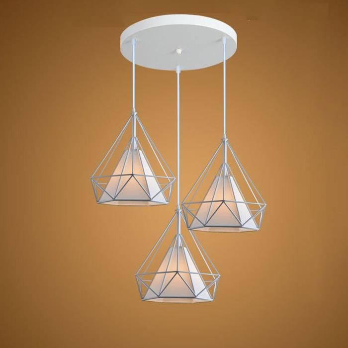 Blanc Suspension Cage forme Diamant 3 Douille E27 Contemporain 25cm Luminaire Cuisine Salons Salle à Manger,Bar
