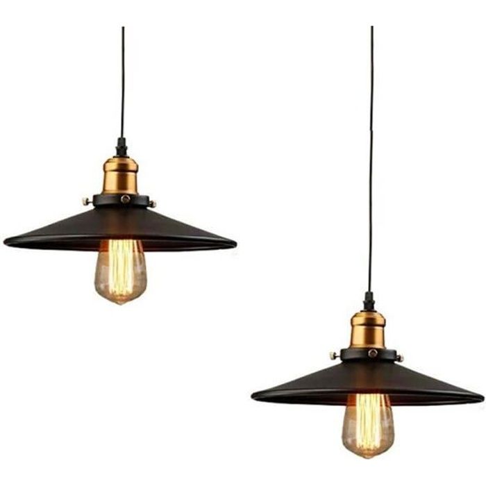 Lot de 2 Lustre Plafonnier Rétro en Métal Style Simple E27 Douille de Suspension Industriel Vintage Abat-jour de 22cm, Noir