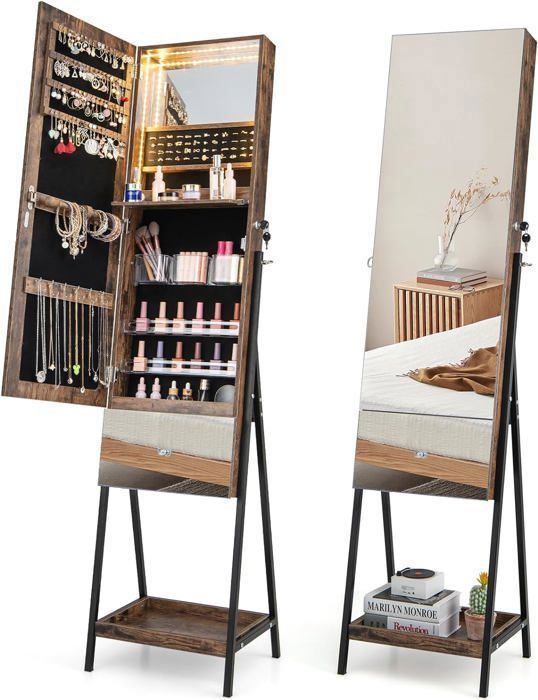 GOPLUS Armoire à Bijoux sur Pied-Miroir Pleine Longueur-Lumières LED 3 Couleurs-Verrouillable-Étagère de Maquillage Pliable Marron