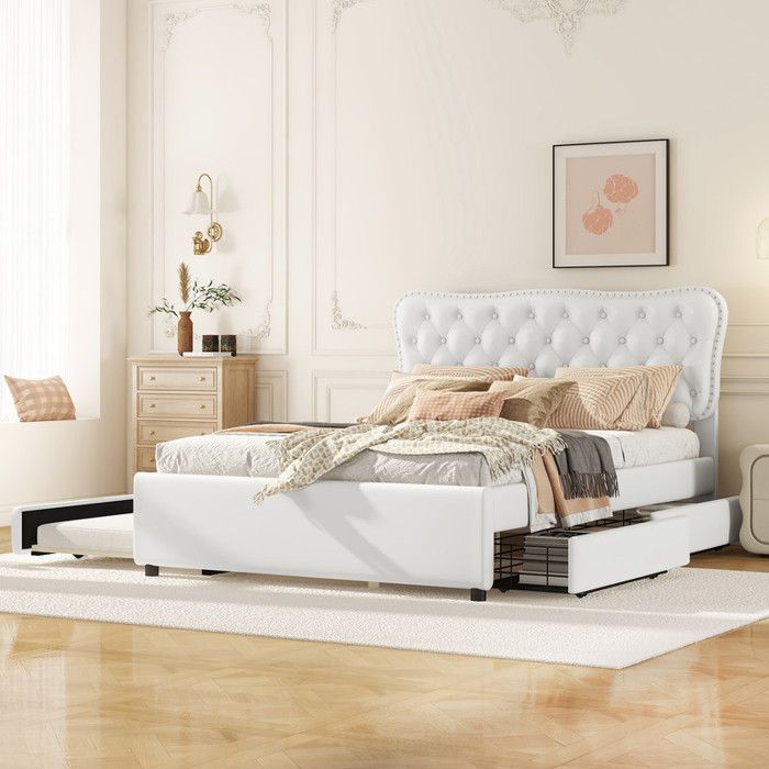 lit capitonné 140x200 cm - modernluxe - blanc - lit double à roulettes et deux tiroirs