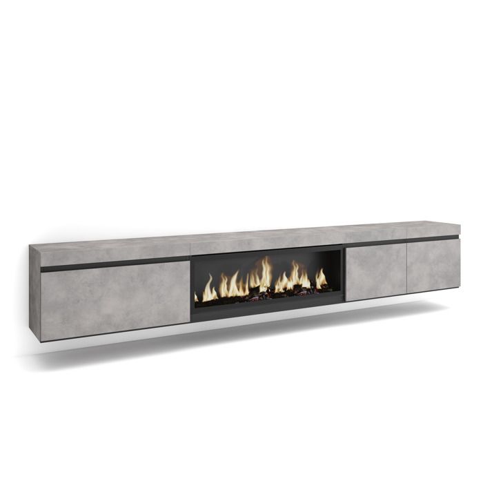 Meuble TV Banc Télé 288x35x45 cm TV grand format Cheminée électrique XXL Suspendu Mural Ciment RF3617