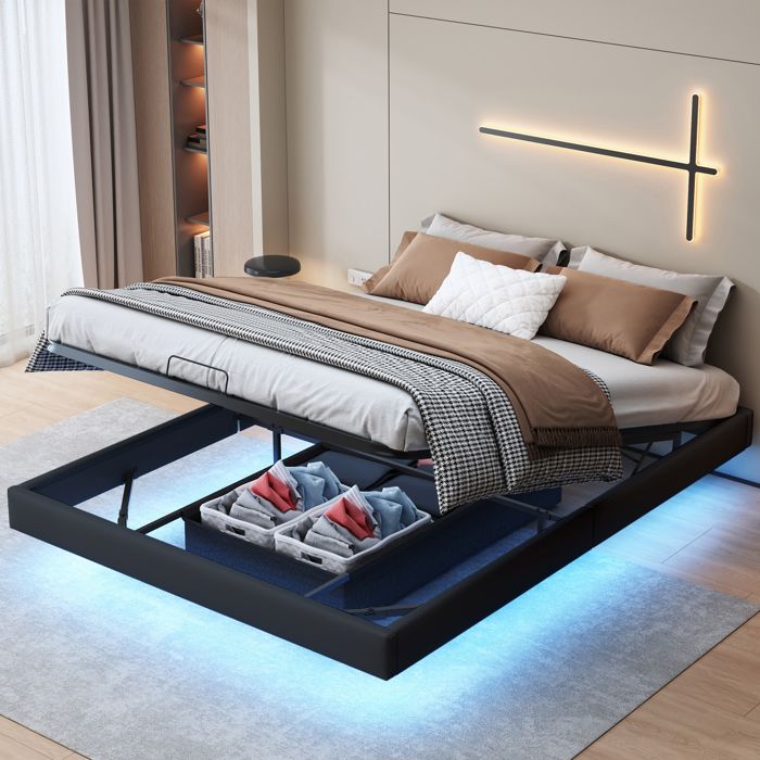 Lit coffre 160x200 cm - MARQUE - Design moderne - Éclairage LED - Rangement intégré - Tissu PU noir