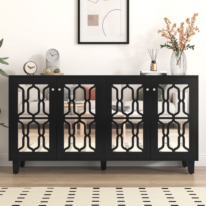 Buffet Salon Style Moderne - Buffet Miroir Noir - Avec Poignée En Cristal Froid Et 4 Porte Stratifié Mobile 160 X 40 X 84 Cm