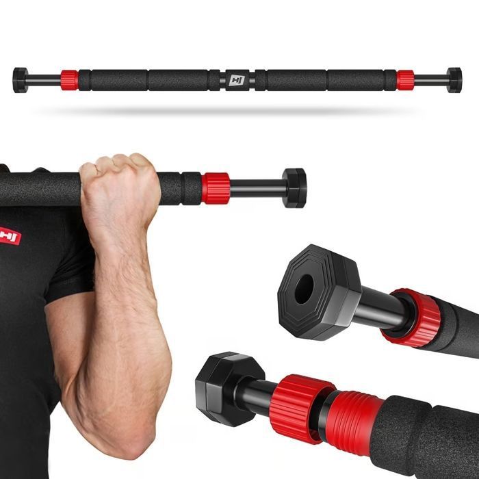 Hop-Sport Barre de Traction pour Porte HS-M050DP Barre de Porte Réglable 65-100cm Fixation Sans Perçage Charge max. 150kg Rouge