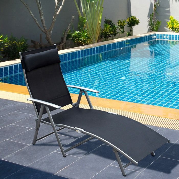 Chaise longue pliable de jardin avec coussin- 137x63 5x100 5cm- Métal et tissu - Pour la plage et la terrasse - Noir