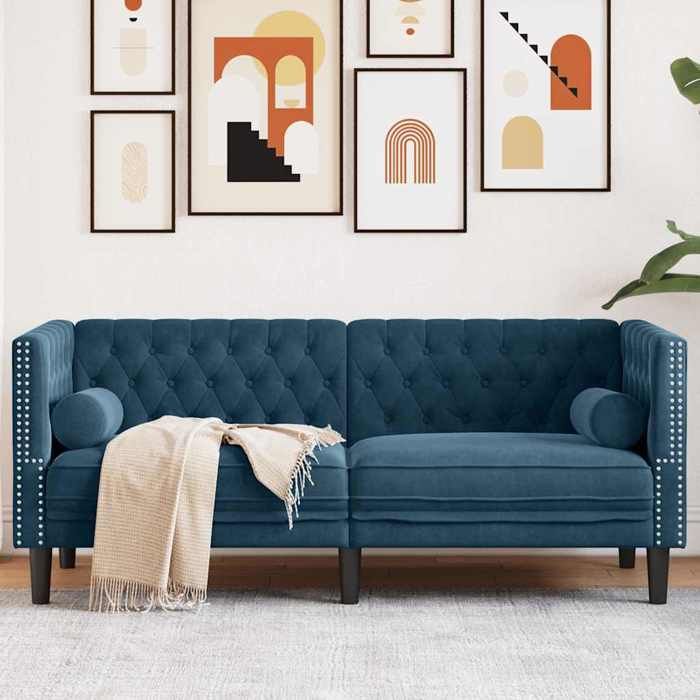 vidaXL Canapé Chesterfield avec traversins 2 places bleu velours 372691 vidaXL Canapé Chesterfield avec traversins 2 places bleu velours 372691
