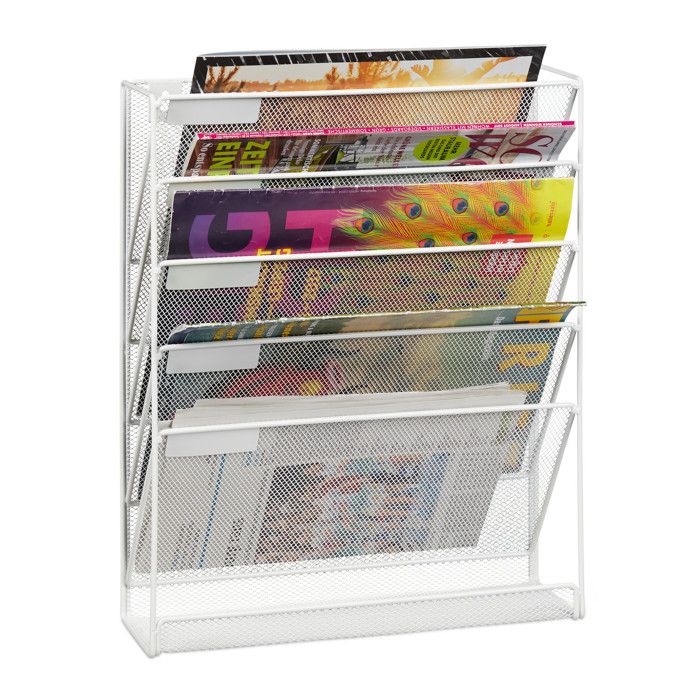 Relaxdays Porte-journaux mural format paysage A4 5 compartiments métal rangement revue 40 5 x 32 5 x 10 5 cm blanc