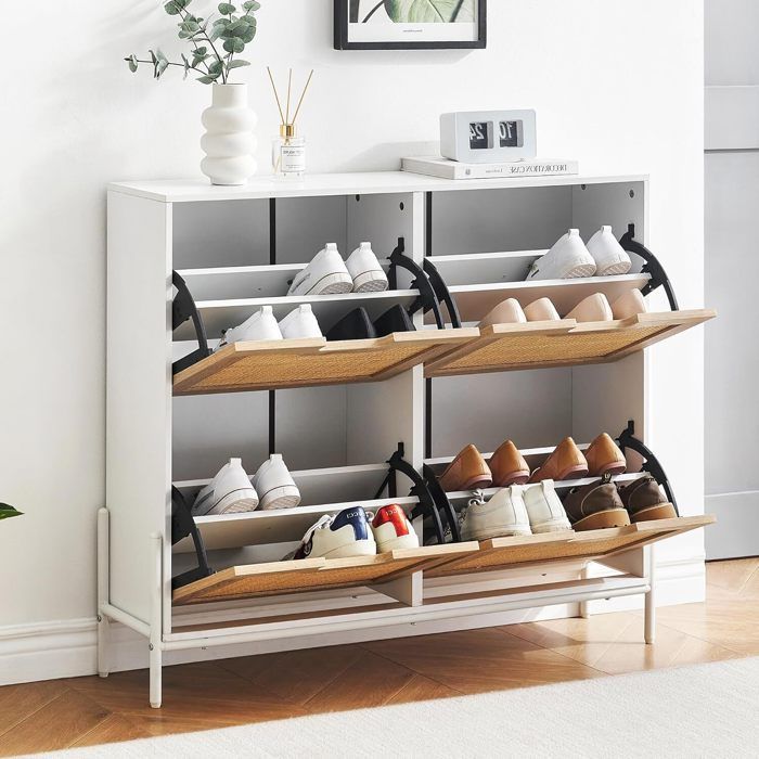 Meuble à Chaussures - PROMIRACAL - Rotin Naturel - 3 Compartiments Réglables - Tiroir Supérieur - Blanc