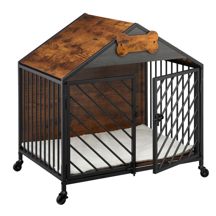 Meilleurs prix pour Relaxdays Cage pour chien style industriel pour la maison 73x70x53 cm roulettes MDF/acier brun/noir